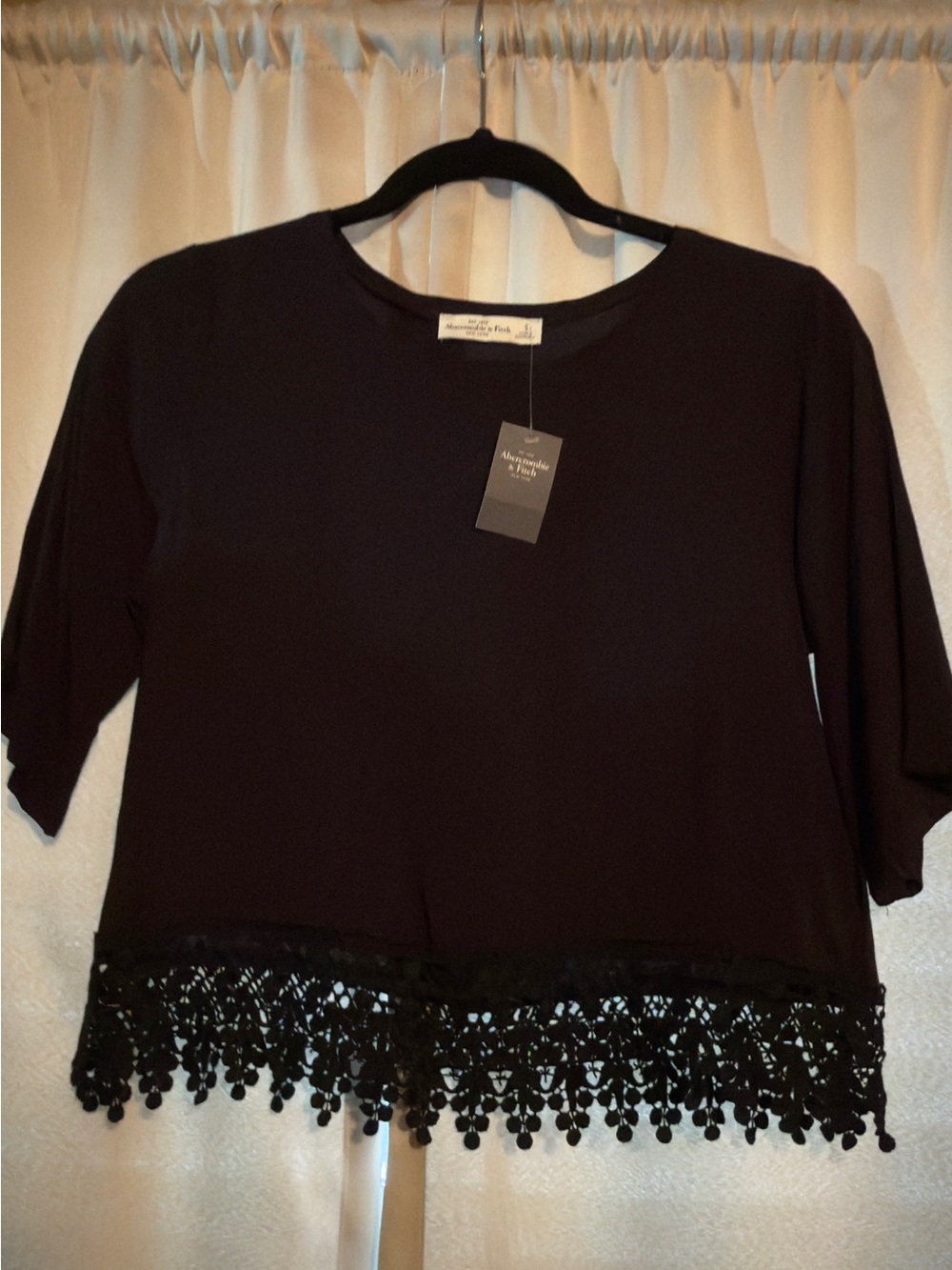 RARE Abercrombie & Fitch Black Cropped Top with Lace Pom Trim
